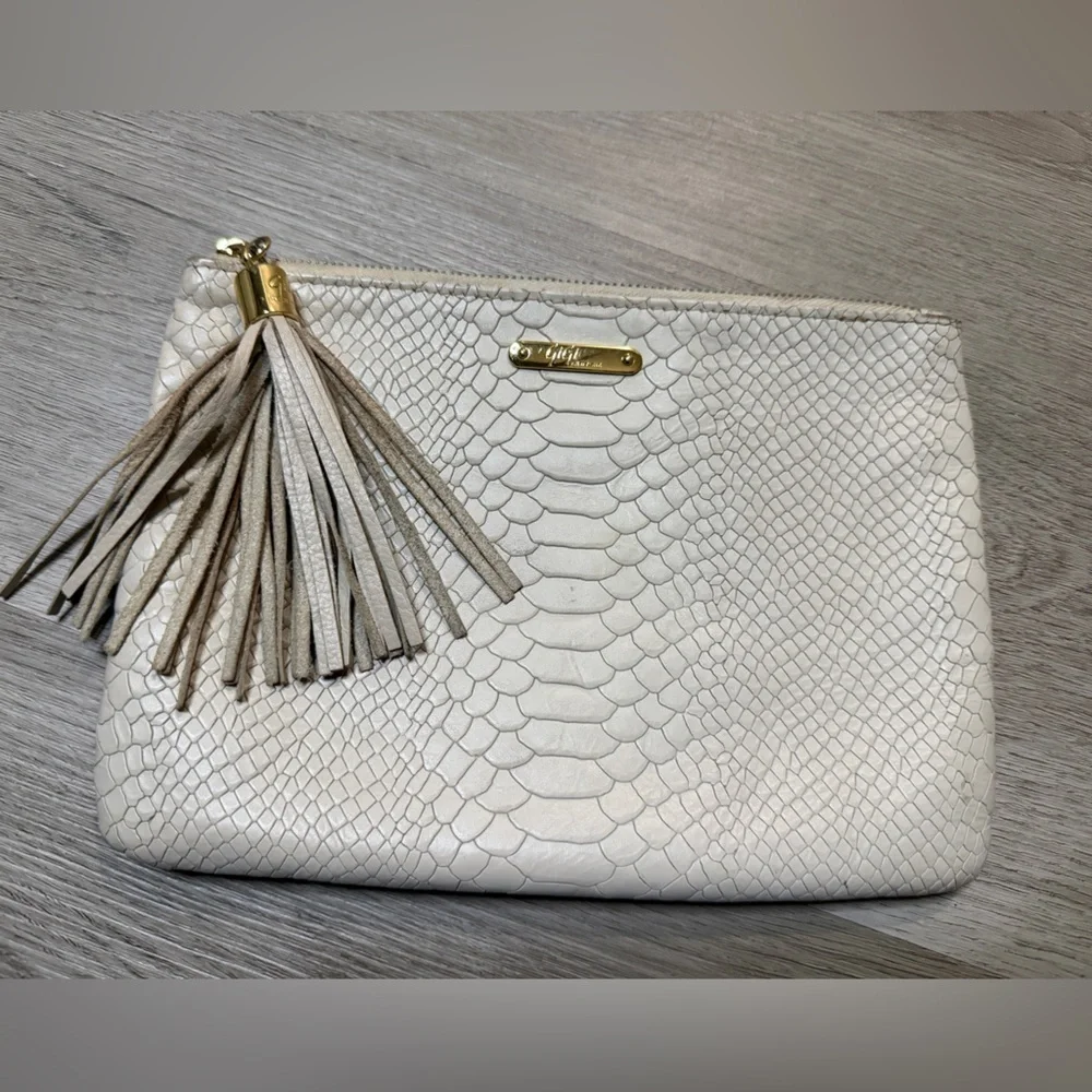GiGi New York Cream Textured Clutch with Gold Accents